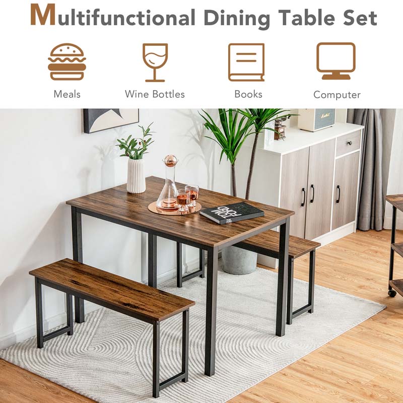 4-Person Dining Table Bench Set with Wooden Tabletop & Metal Frame, Indoor Outdoor Modern Dining Set for Kitchen