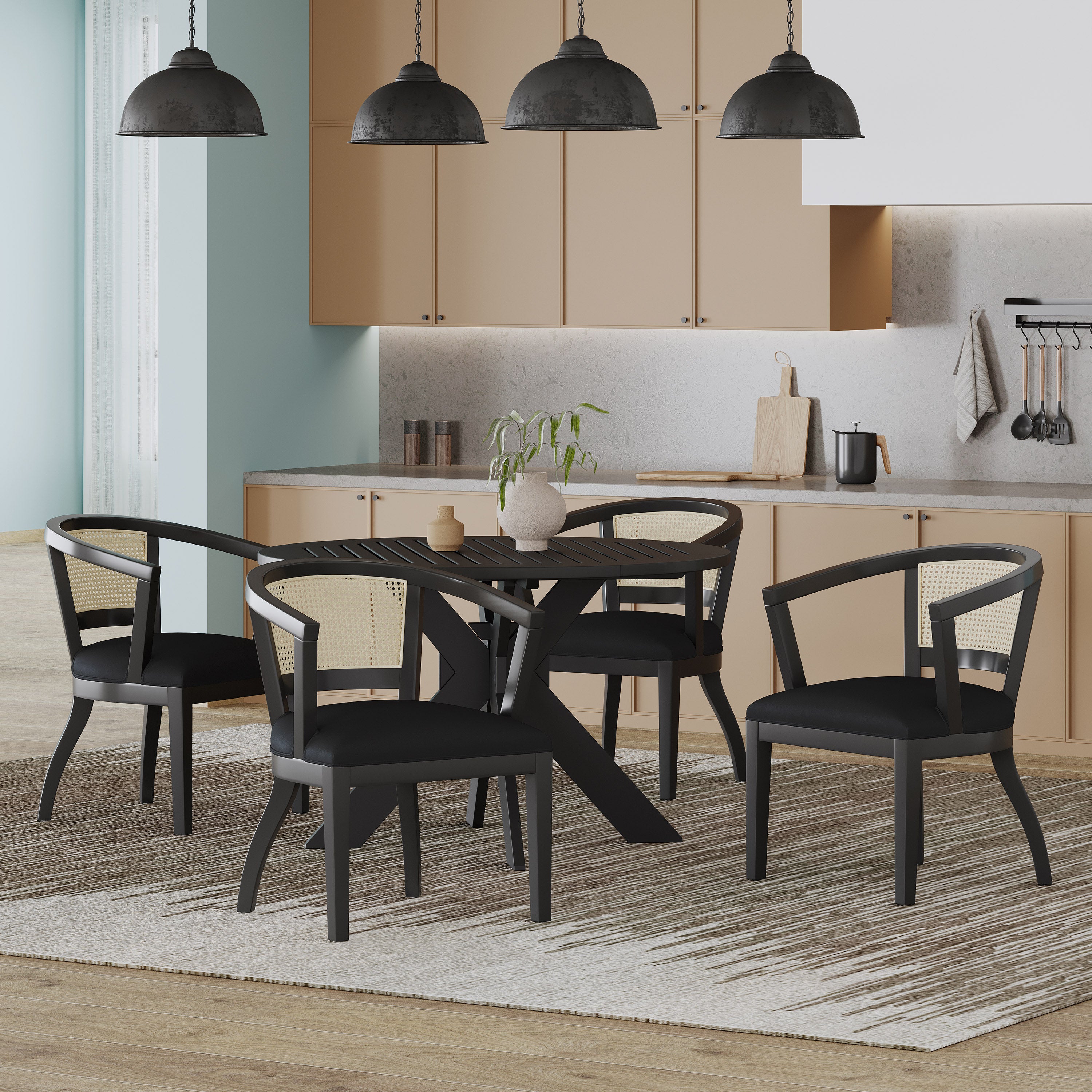 Bannock Contemporary Upholstered Wood and Cane 5 Piece Dining Set