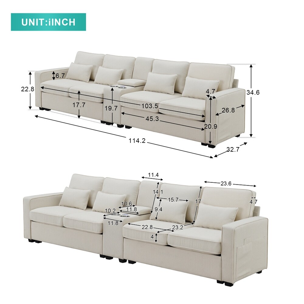 4 seat Linen Sofa Set Livingroom Couch w/ Pillows   USB Port   Pocket