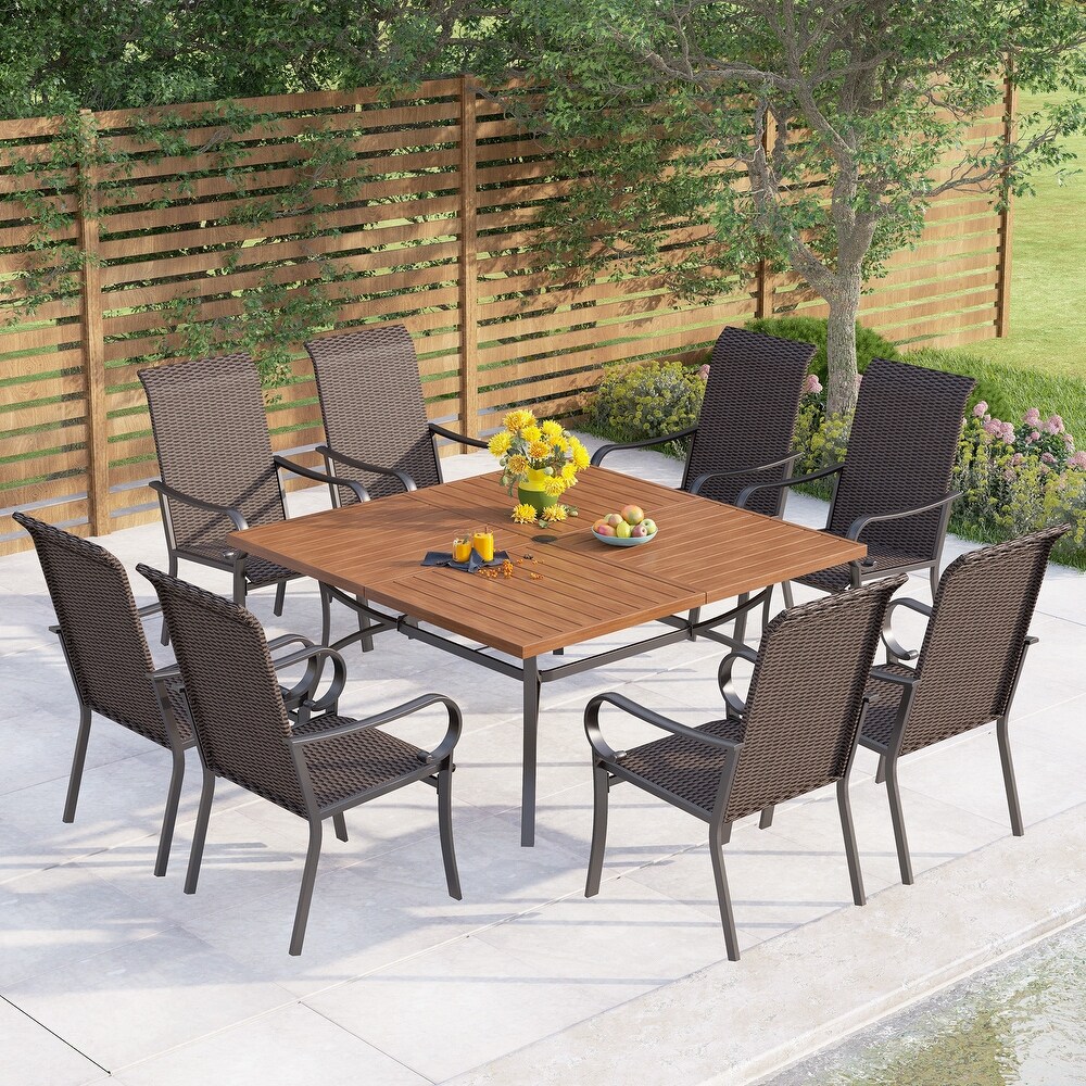 9 Piece Patio Dining Set  60 Inch Square Metal Table and 8 Rattan Dining Chairs