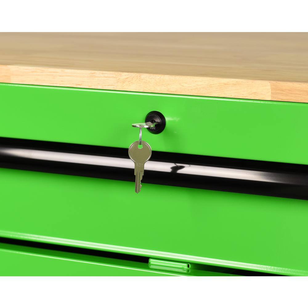 Husky 52 in. W x 24.5 in. D Standard Duty 10-Drawer Mobile Workbench Tool Chest with Solid Wood Work Top in Gloss Green H52MWC10GRN