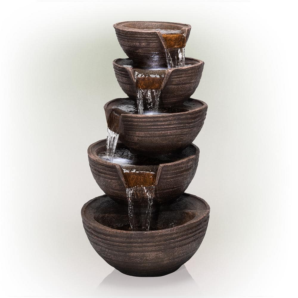 Alpine Corporation 34 in. Tall Outdoor 5-Tier Modern Bowl Cascading Waterfall Fountain with LED Lights TZL101