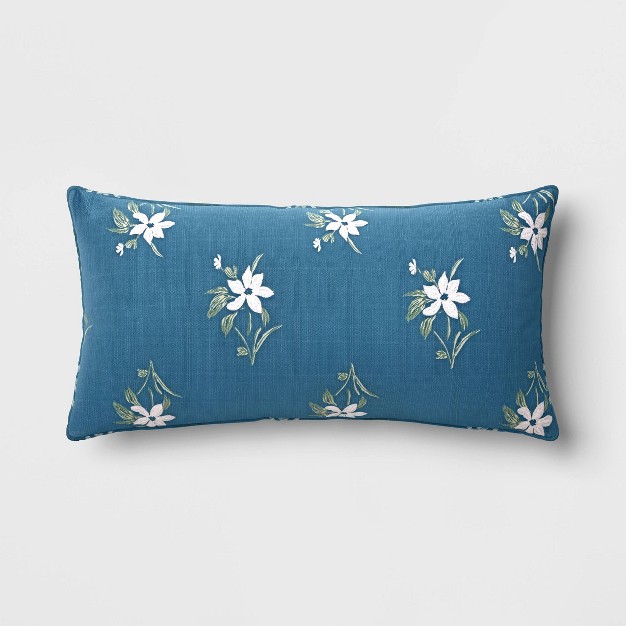 Embroidered Floral Rectangular Indoor Outdoor Lumbar Pillow Blue Designed With Studio Mcgee