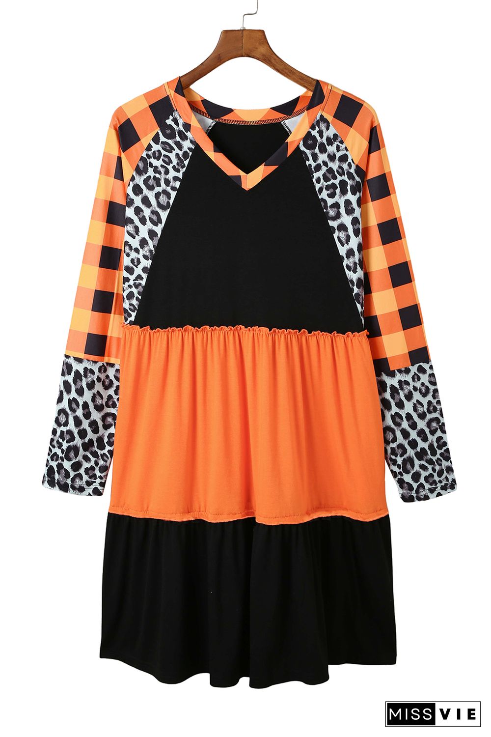 Orange Leopard Plaid Ruffled Long Sleeve Mini Dress