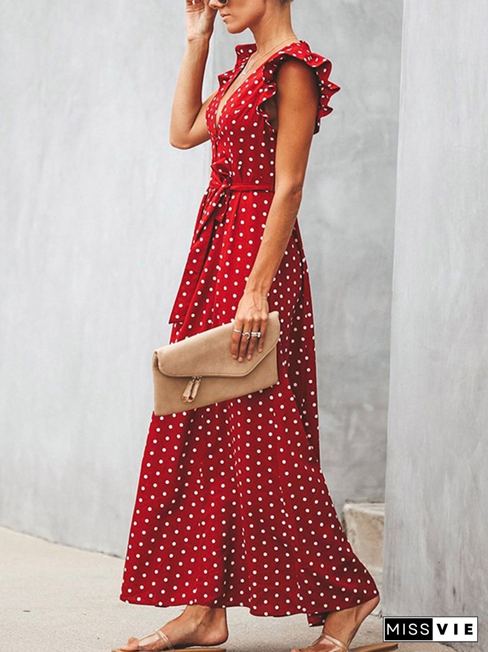 V-neck Ruffle Sleeve Wrap Maxi Dress P16306