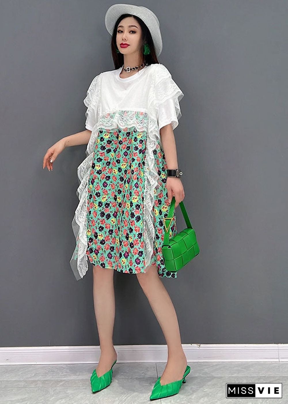 Green Print Lace Patchwork Party Dress O-Neck Short Sleeve