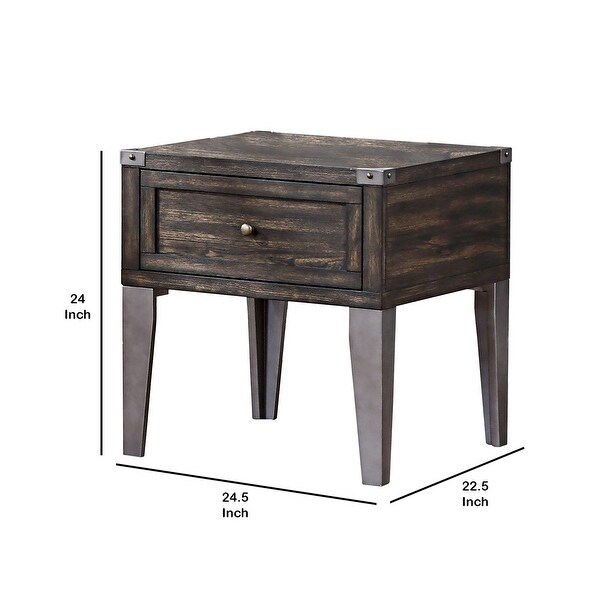 1 Drawer Wooden End Table with Metal Angled Legs， Brown