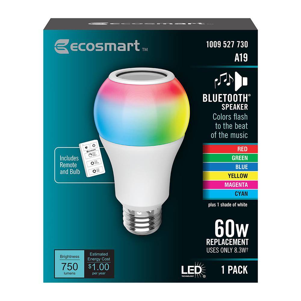 EcoSmart 60-Watt Equivalent A19 CEC Bluetooth Speaker Colored Plus Bright White LED Light Bulb with Remote Control (1-Pack) BTA19RGB3KECP