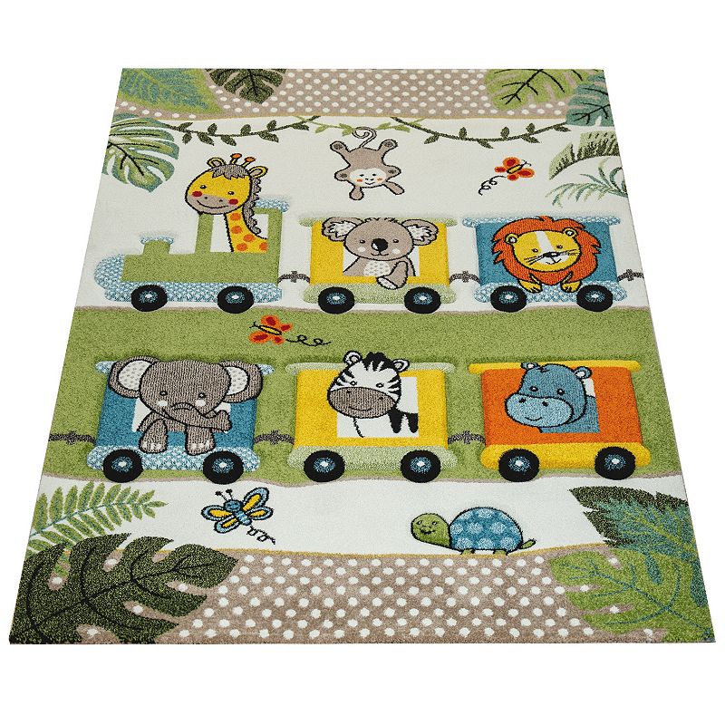 Colorful Nursery Rug for Kids with Cute Jungle Animals in Locomotive