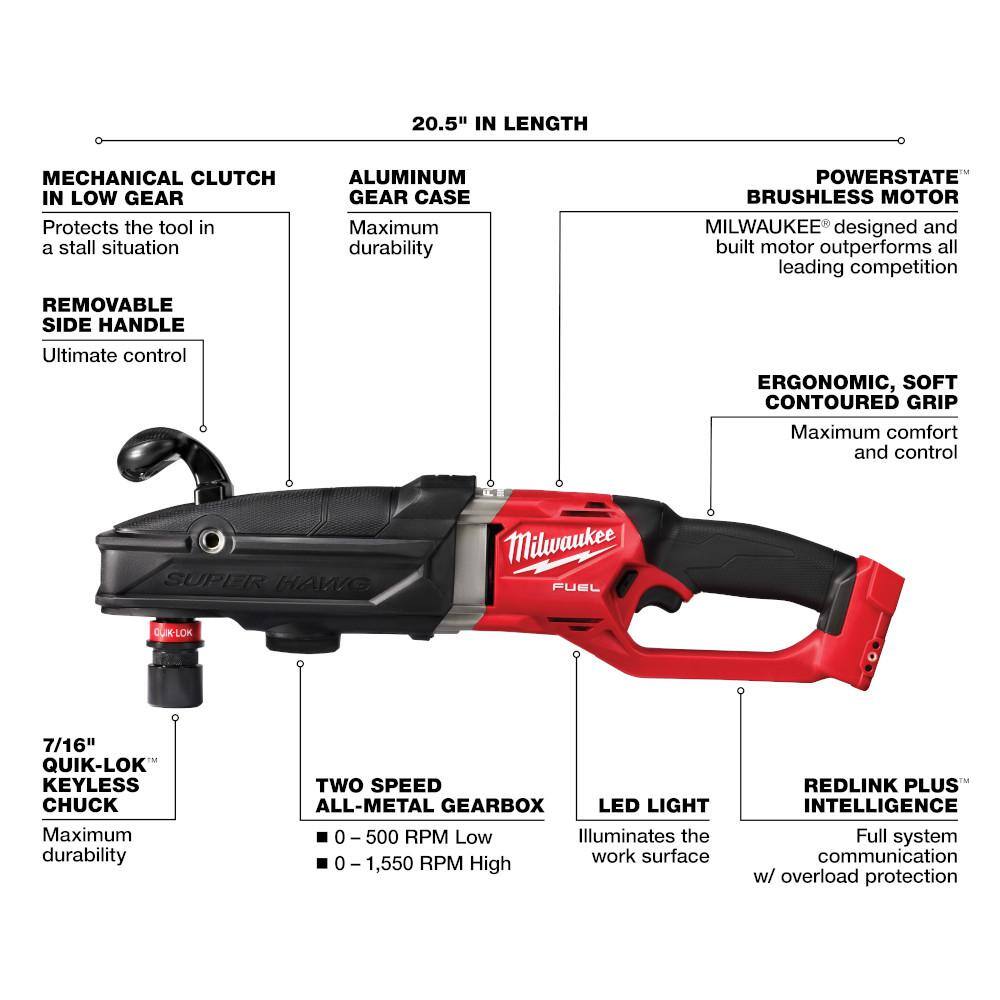 MW M18 FUEL 18V Lithium-Ion Brushless Cordless GEN 2 SUPER HAWG 716 in. Right Angle Drill w6.0 ah Battery 2811-20-48-11-1865