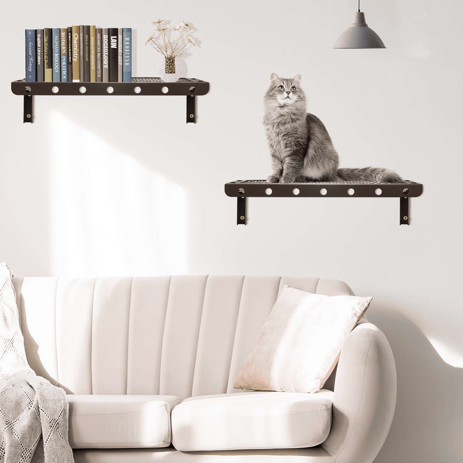 Floating Shelves Set of 2, Metal Shelves, Metal Panels, Folding, for Living Room, Kitchen, Garage, Brown with Hooks.