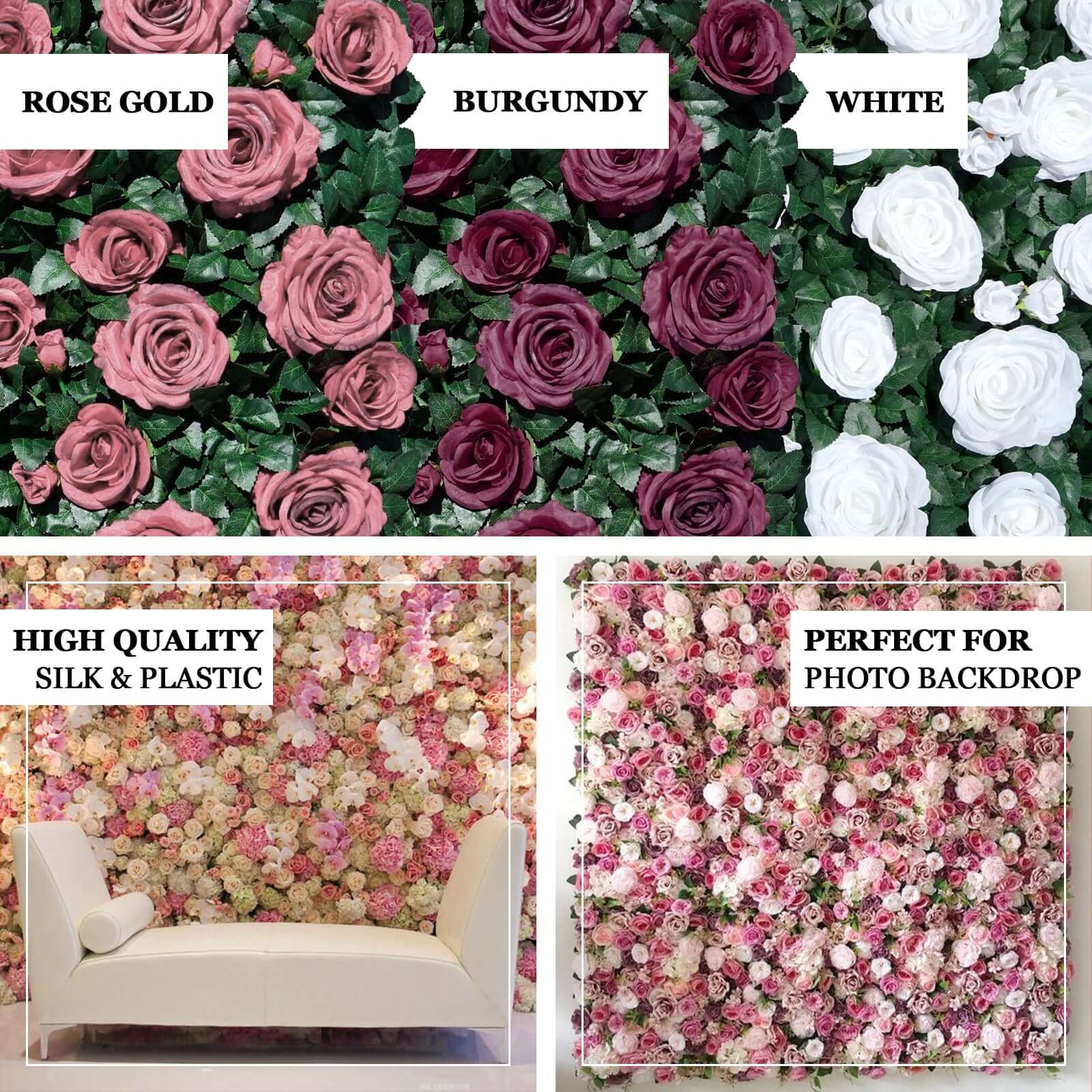 Easy-Install White Silk Rose Flower Mat Wall Panel Backdrop 3 Sq ft.