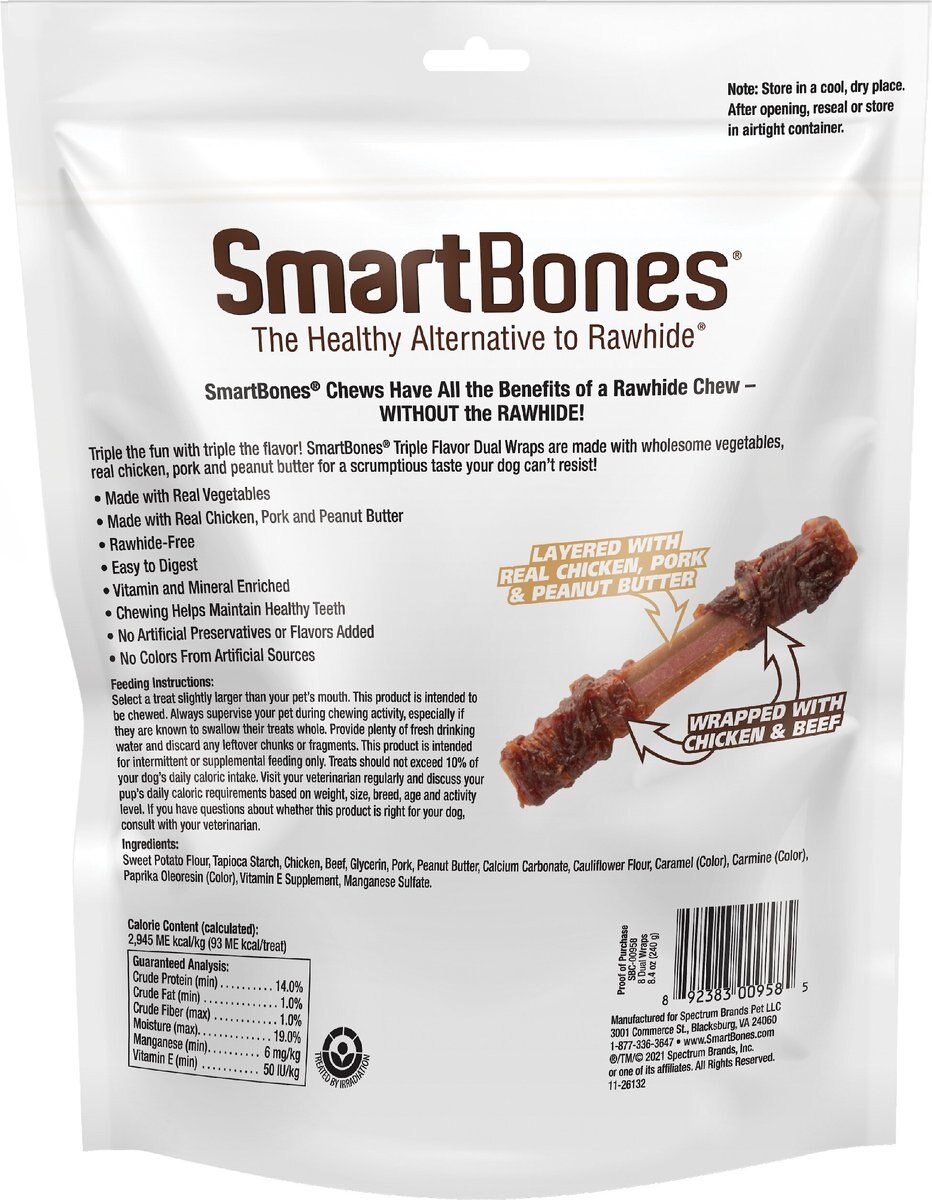 SmartBones Triple Flavor Dual Wraps Real Chicken， Pork and Peanut Butter Dog Treats， 8 count