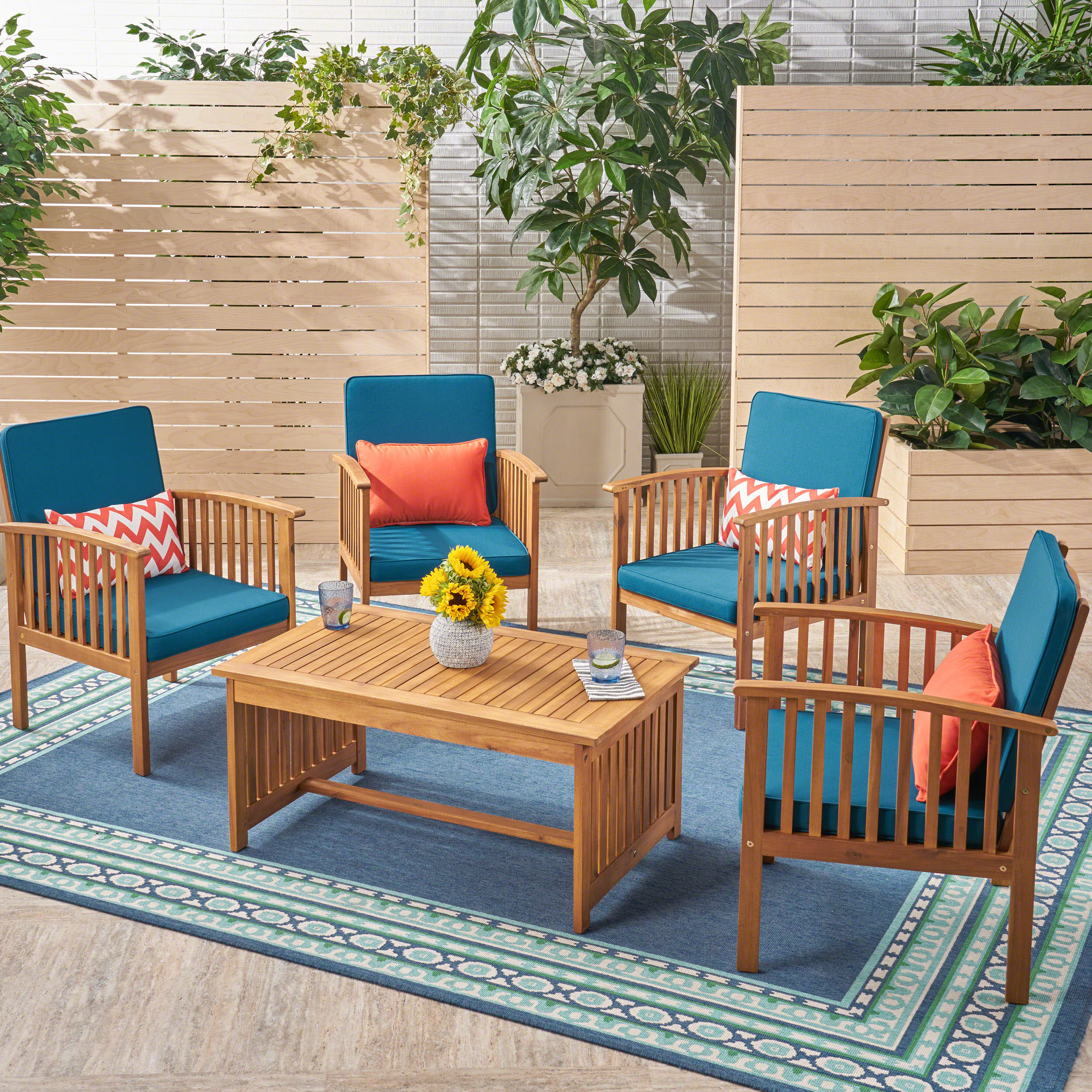 Tolbert Outdoor 4-Seater Acacia Wood Club Chairs with Coffee Table