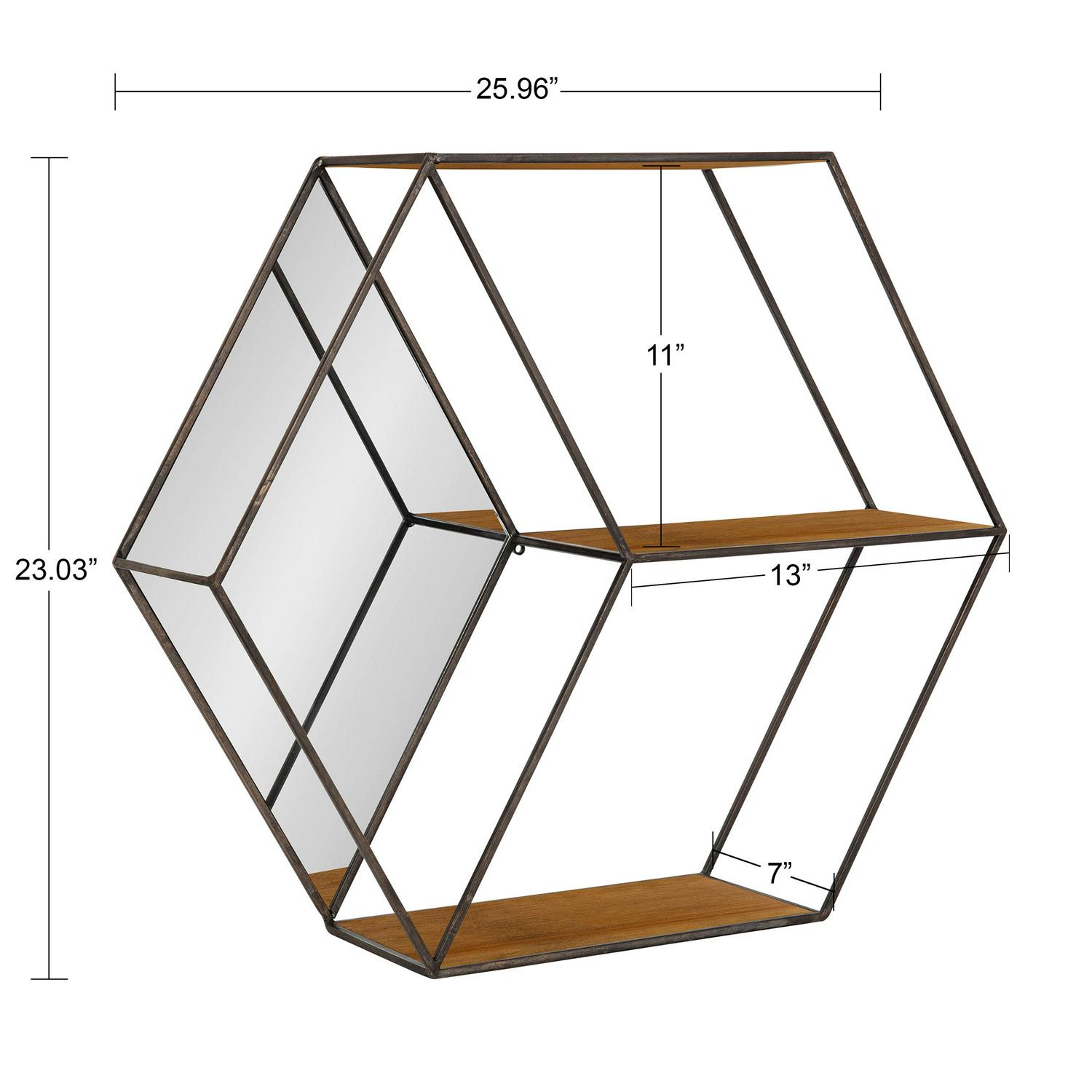 Kate and Laurel Lintz Modern Hexagon Floating Wall Shelves with Mirror， Black Metal Frame with Rustic Brown Shelves