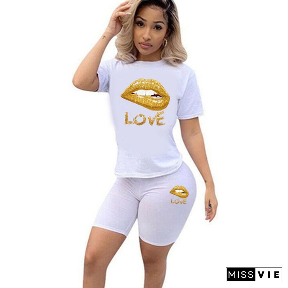 Two-Piece Fashion Womens Clothing Short-Sleeved Crew Neck T-Shirt And Tight-Fitting Shorts Tracksuit Outfit