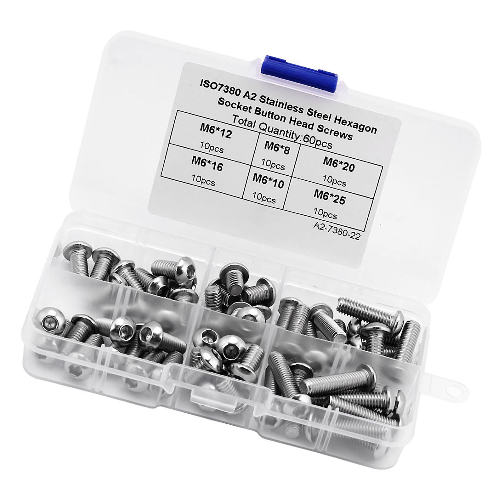 60pcs M6 Stainless Steel Hex Socket Button Head Screws Fasteners Accessories With Plastic Box