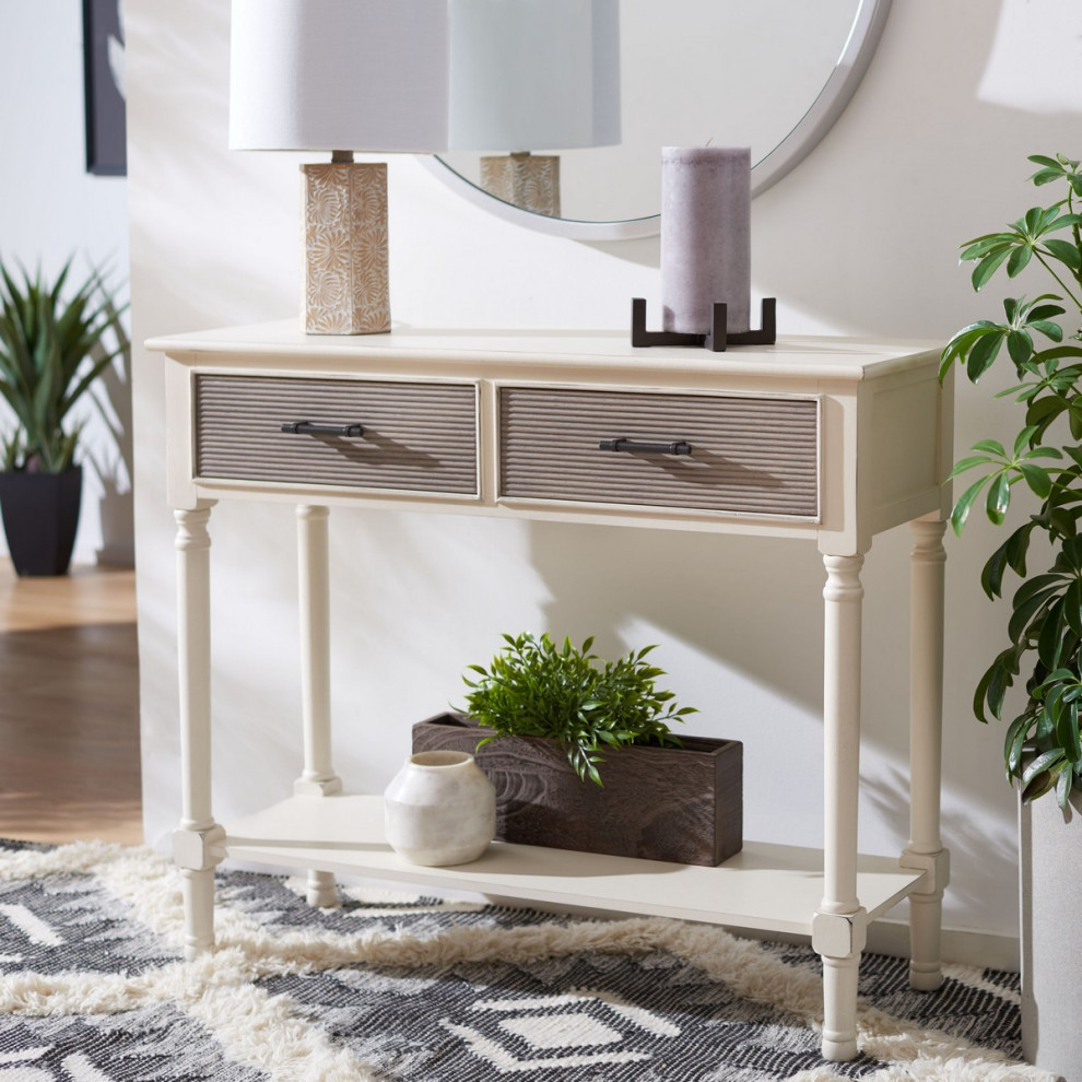 Hollie 2 Drawer Console Table Distressed White/ Greige   French Country   Console Tables   by AED Luxury Home Decor  Houzz