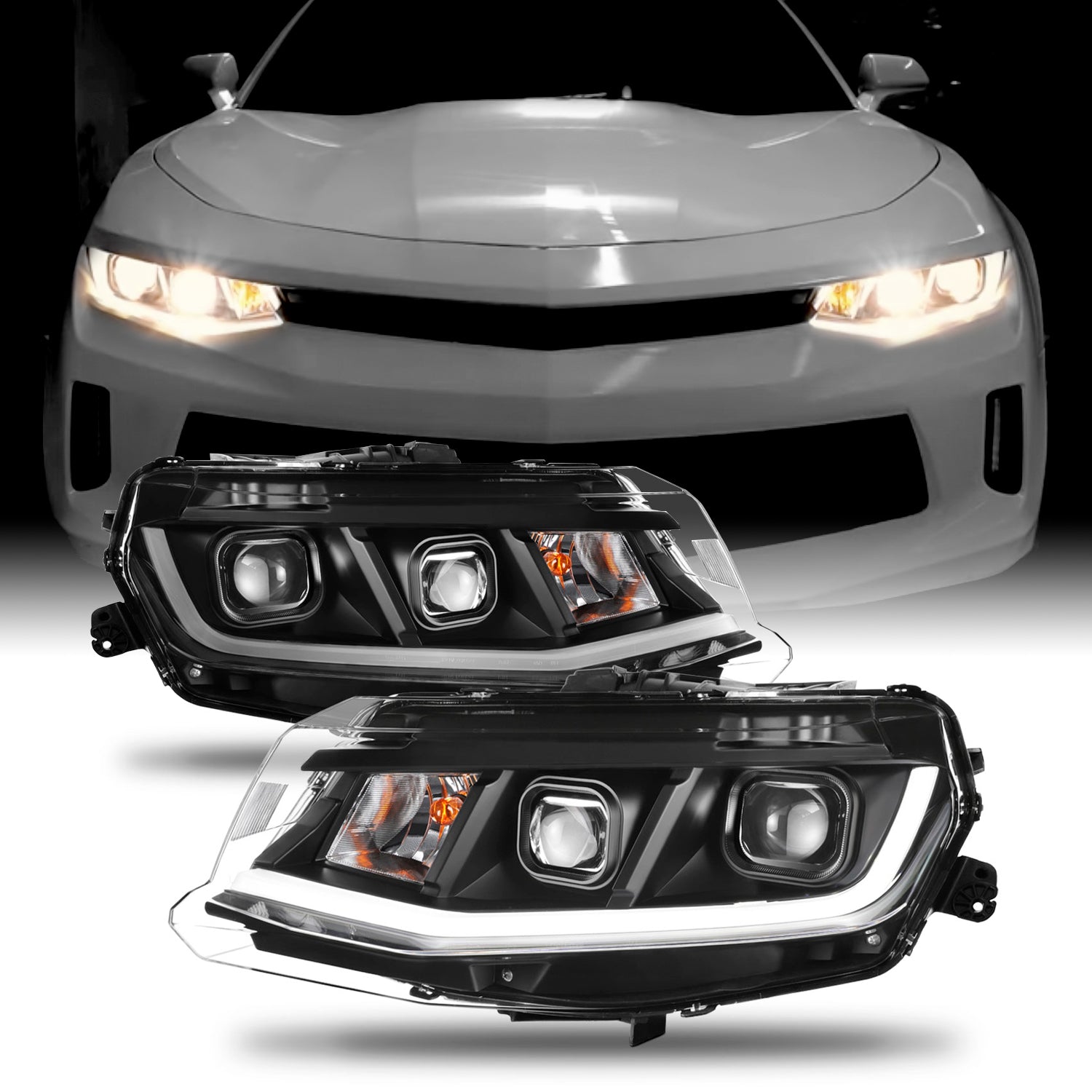 Fit 2016-2018 Chevrolet Chevy Camaro LED Tube Projector Headlights Black Housing