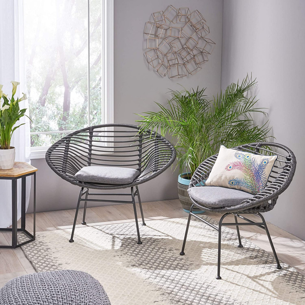 Set of 2 Accent Chair  Metal Frame With Woven Faux Rattan Cover  Dark Gray   Tropical   Armchairs And Accent Chairs   by Declusia  Houzz