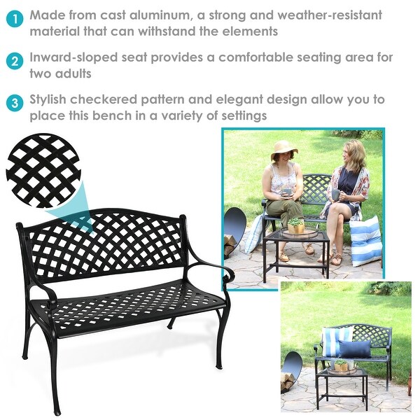 Sunnydaze 2Person Black Checkered Cast Aluminum Outdoor Patio Garden Bench