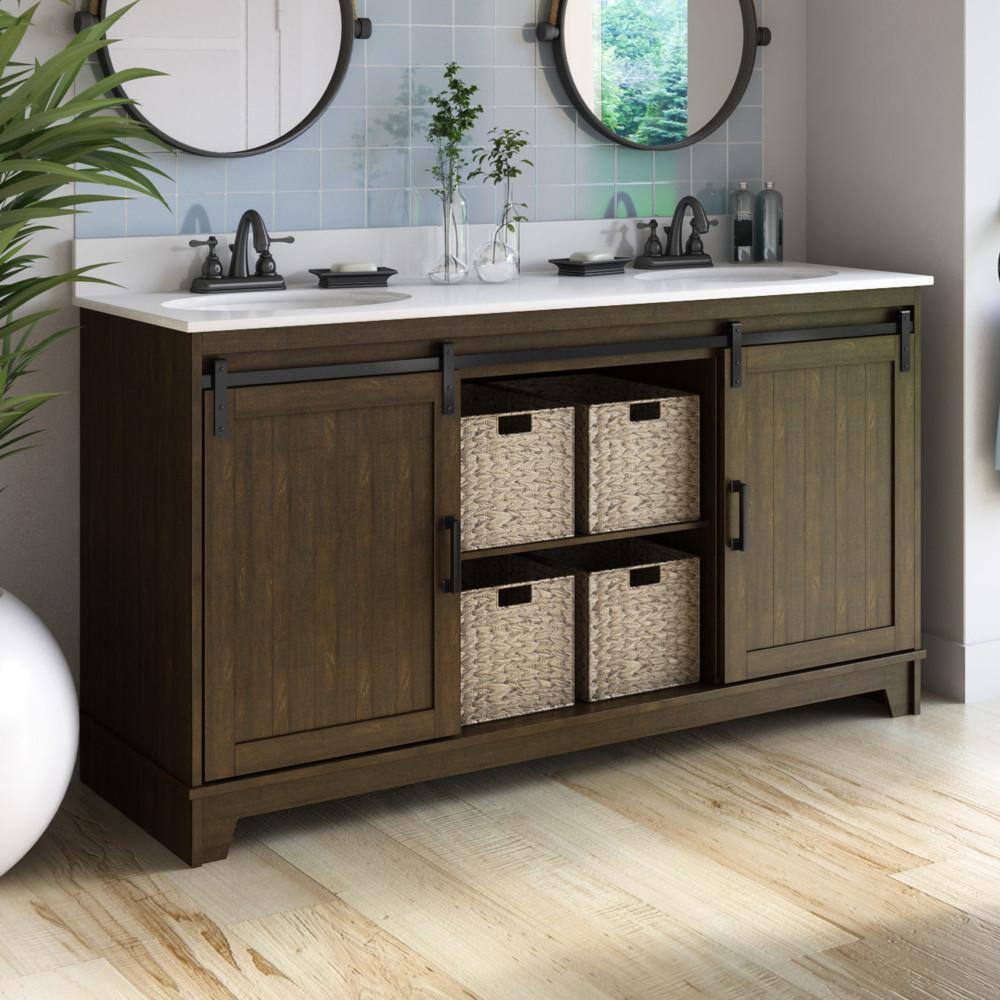 Twin Star Home 60 in.W x 22 in. D x 37.88 in. H Double Sink Bath Vanity in Saw Cut Espresso with White Marble Top and Sliding Barn Door 60BV34004-PD01