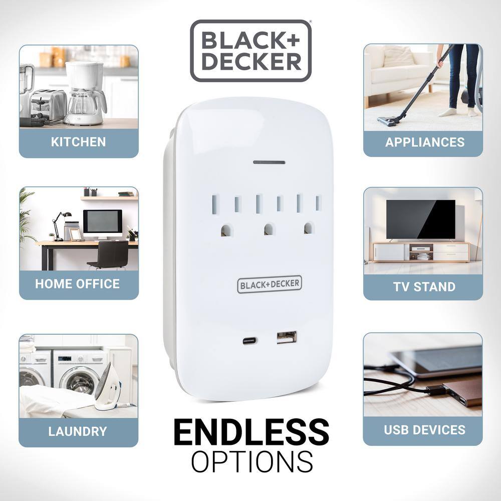 BLACK+DECKER 3 Grounded Outlets Surge Protector Wall Mount with 1 USB Charging Port 1 USB-C Port BDXPA0042