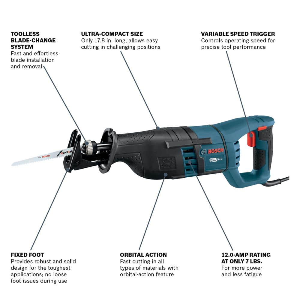 Bosch 12 Amp Corded 1 in. Variable Speed Compact Reciprocating Saw with All-Purpose Saw Blade and Carrying Case RS325