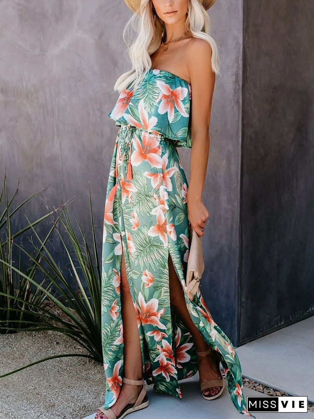 Tropical Plant Print Off-shoulder Ruffled Slit Long Dress P16061