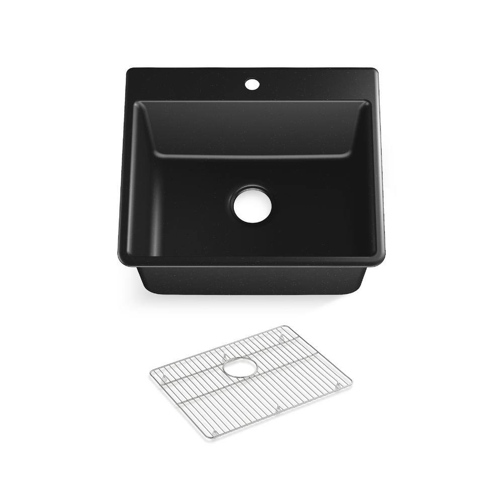 KOHLER Kennon Top-MountUndermount Neoroc Granite Composite 25 in. Single Bowl Kitchen Sink in Matte Black with Basin Rack K-28003-1-CM1