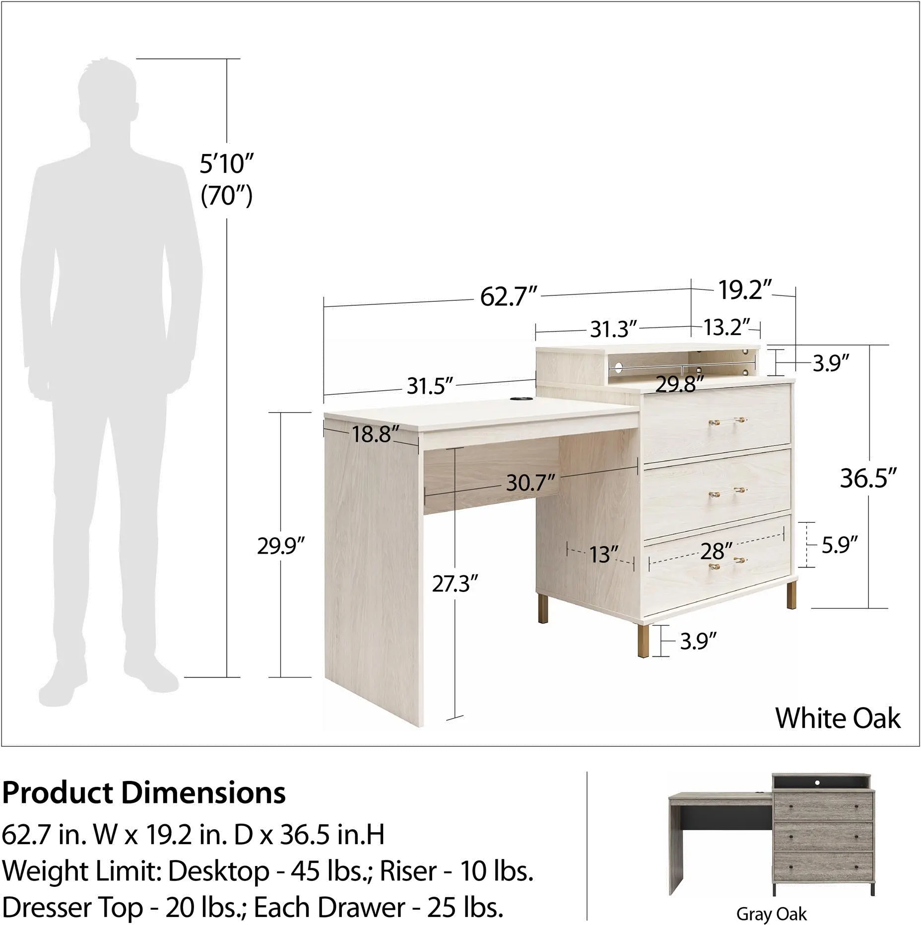 Kalissa White Oak Dresser and Desk Combo with Wireless Charger