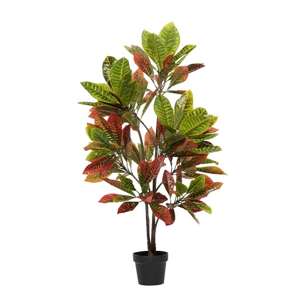 Green Faux Foliage Croton Artificial Plant with Realistic Leaves and Black Plastic Pot