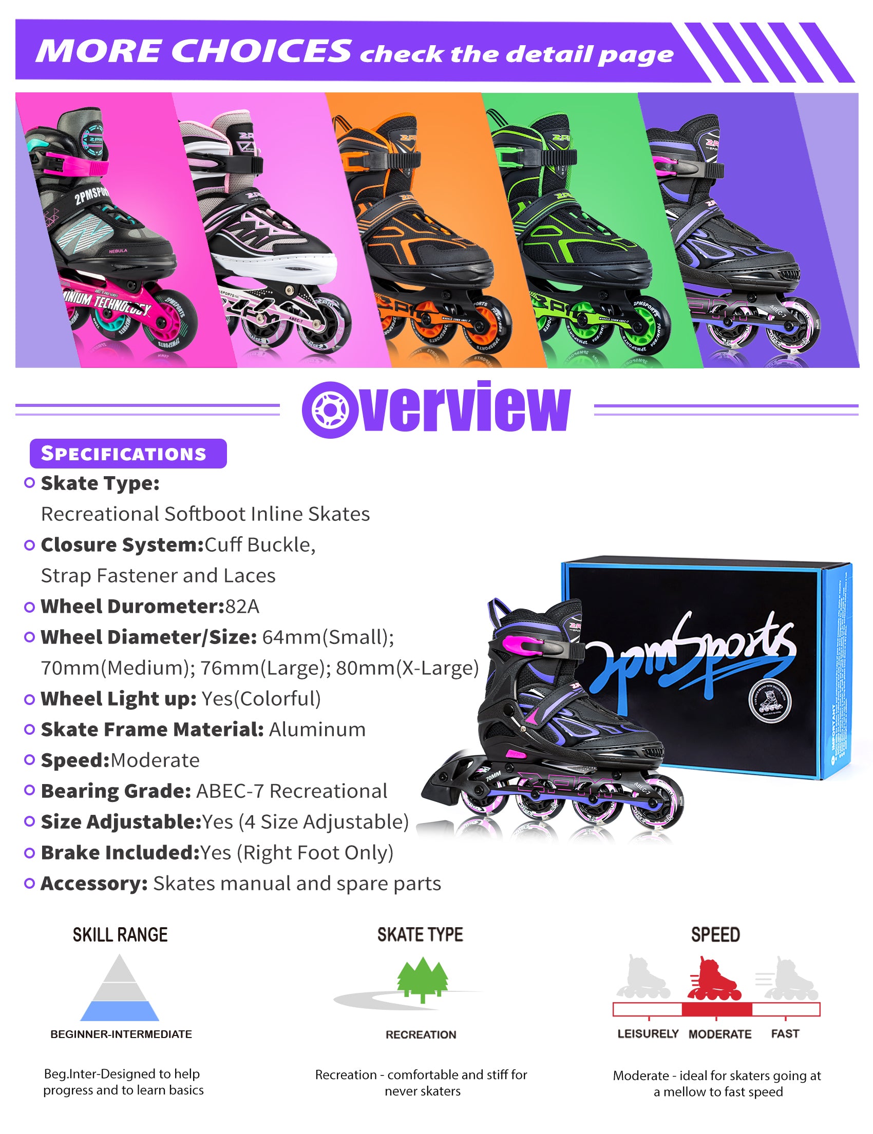 2PM SPORTS Vinal Girls Adjustable Inline Skates with Light up Wheels Beginner Skates Fun Illuminating Roller Skates for Kids Boys and Ladies - Purple Medium(1Y-4Y US)