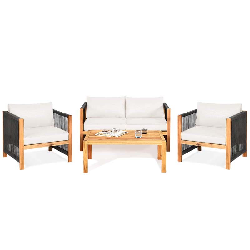 4 Pcs Acacia Wood Outdoor Loveseat Sofa Set with 2 Single Chairs & Coffee Table, Cushions