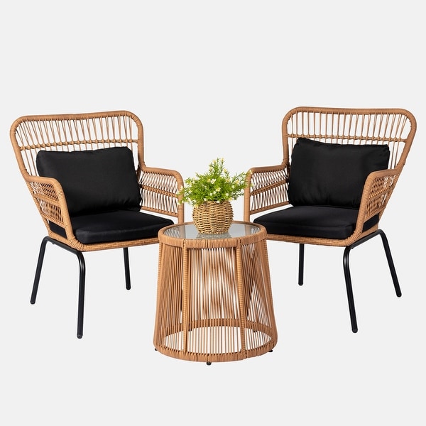 3 Piece Outdoor Wicker Conversation Bistro Set，AllWeather Rattan Furniture Patio Chairs Set with Cushions