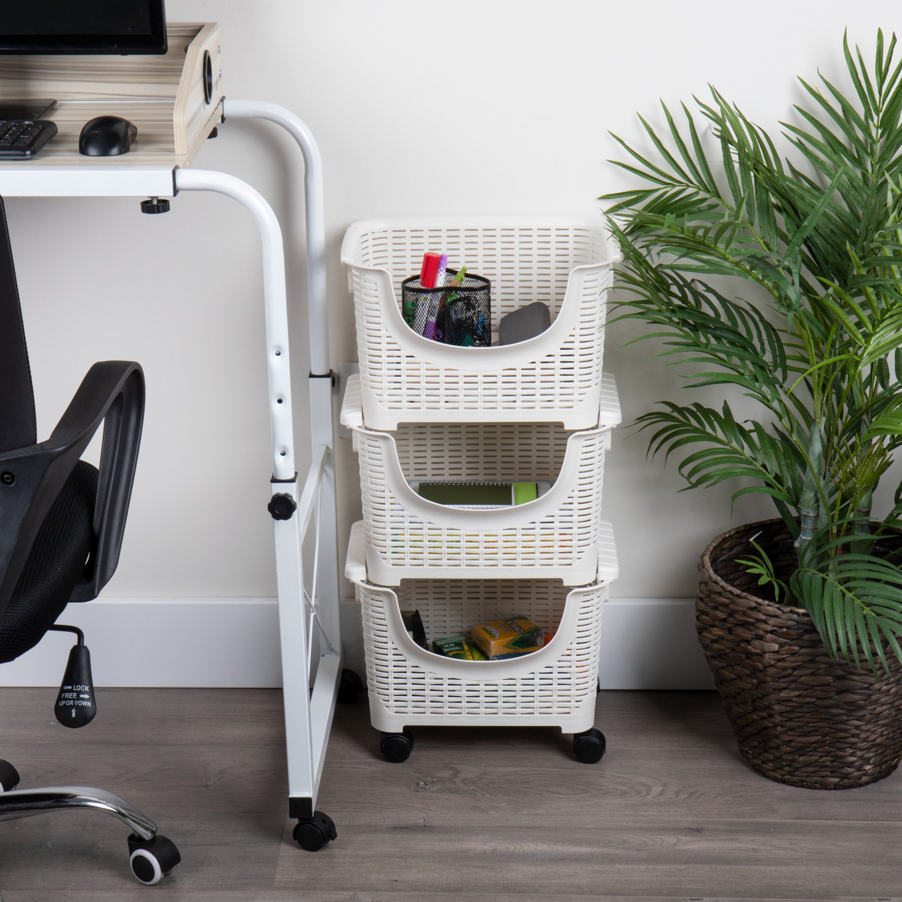 3-Tier Stackable Rolling Storage Bins， Plastic， White