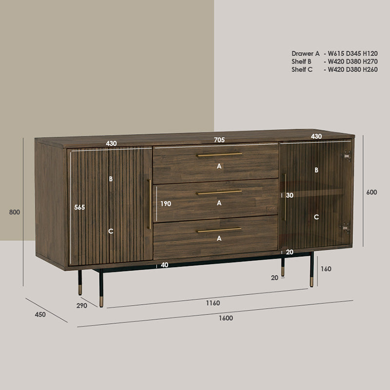 HAMILTON Sideboard Buffet Solid Acacia Wood 160cm - Toffee Colour