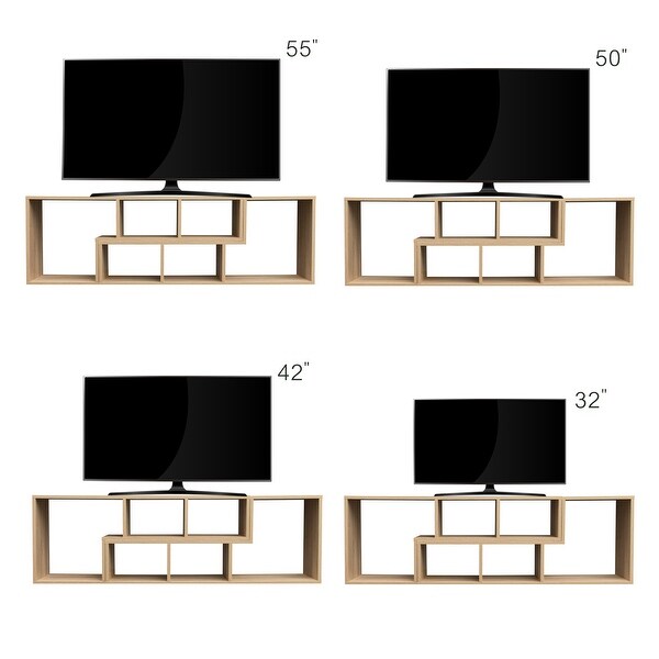 Living Room Bookcase Double L-Shaped Low Floor TV Stand with Multi Display Storage ShelvesandOpen Cubes Compartments，Natural