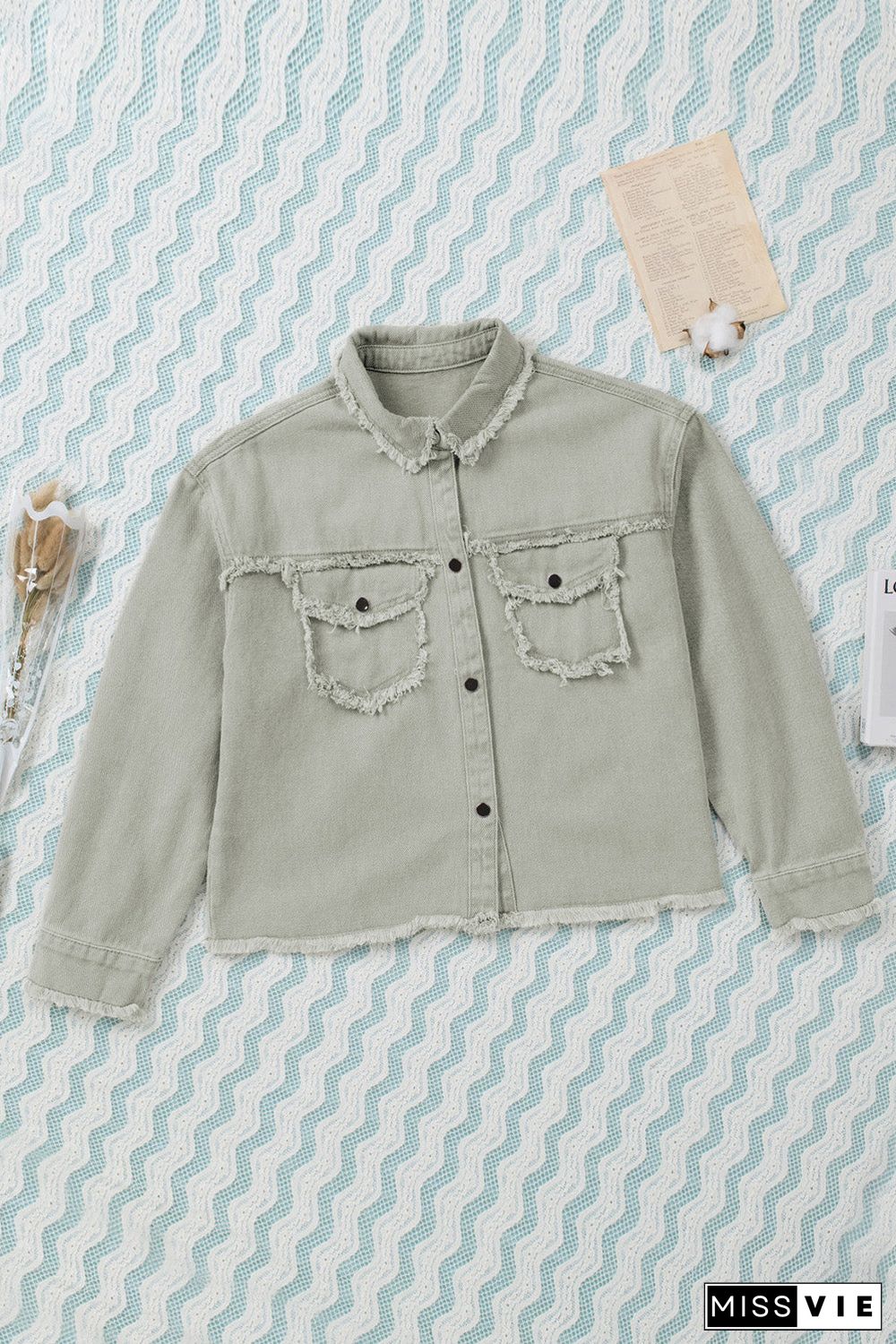 Distressed Flap Pockets Frayed Hemline Denim Jacket