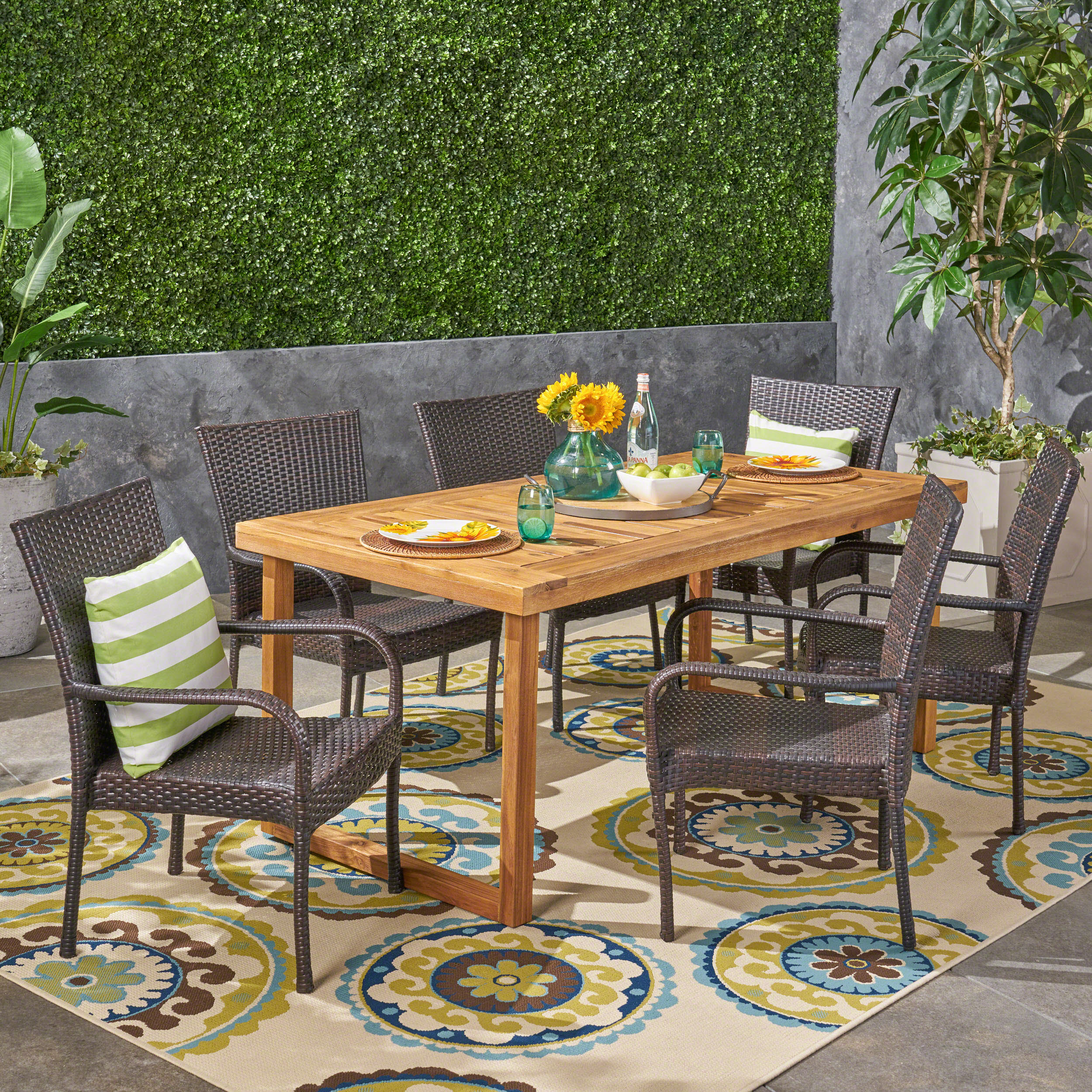 Louis Outdoor 7 Piece Acacia Wood Dining Set with Stacking Wicker Chairs