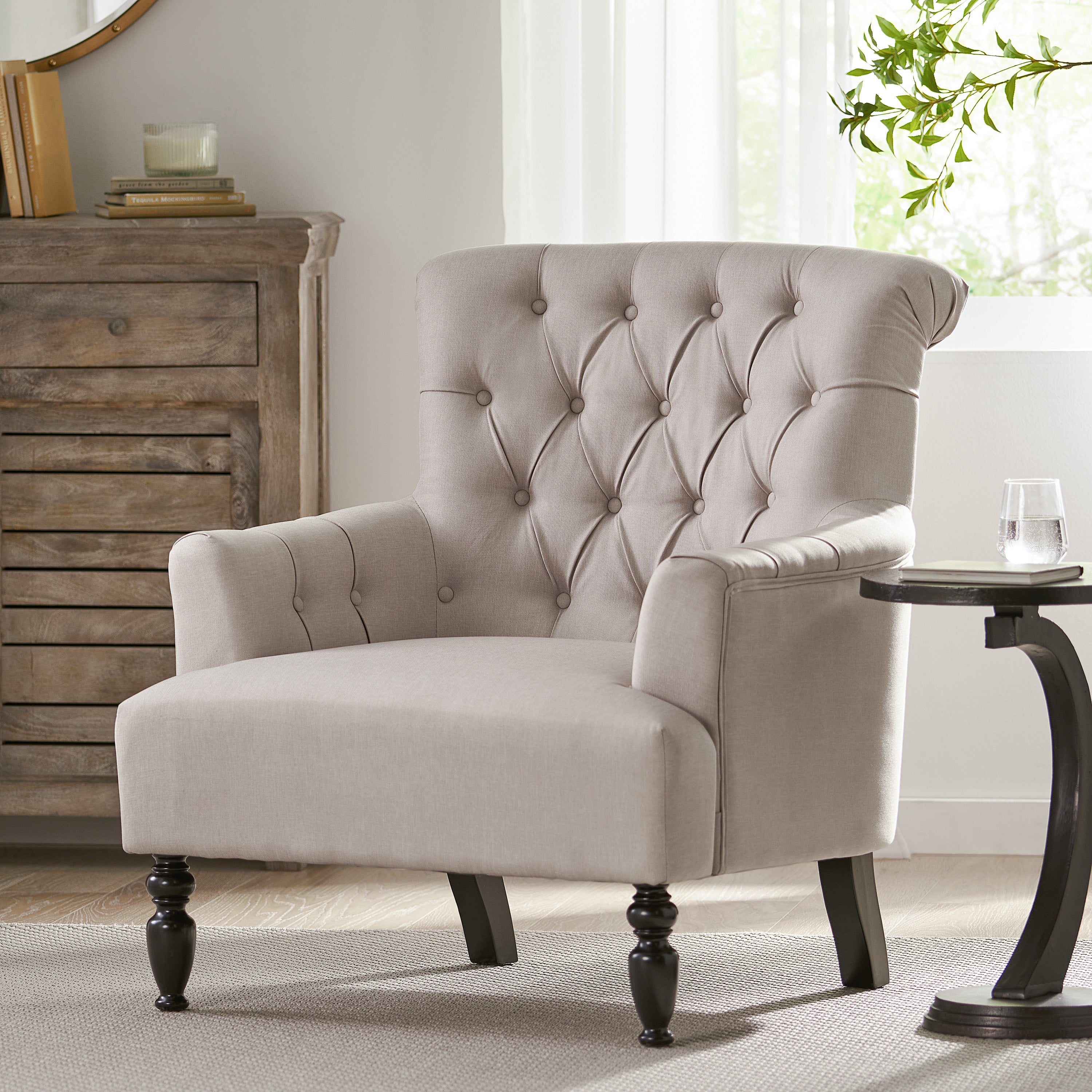 Harvey Contemporary Button-Tufted Fabric Club Chair with Rolled Backrest