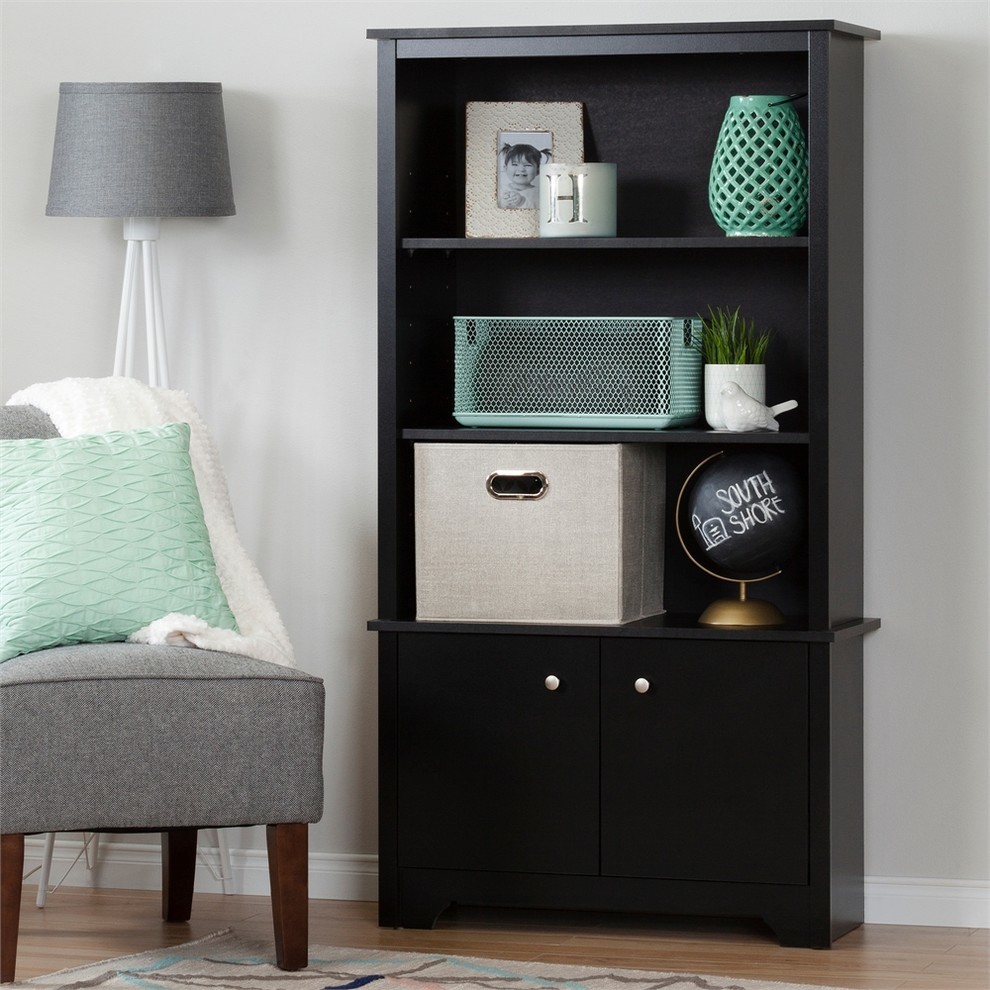 South Shore Vito 3 Shelf Bookcase With Doors  Pure Black   Transitional   Bookcases   by Homesquare  Houzz