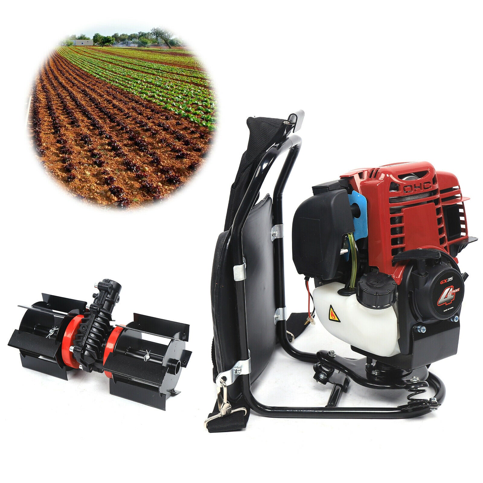 Petrol Hedge Trimmer Backpack Tiller Cultivator Garden Brush Lawn Tiller Trimmer gx35 4-Stroke 3-in-1 Knapsack Micro-tiller 4Stroke Gas Brush Cutter Tiller Grass Hedge Weeder Cutter 3 in1