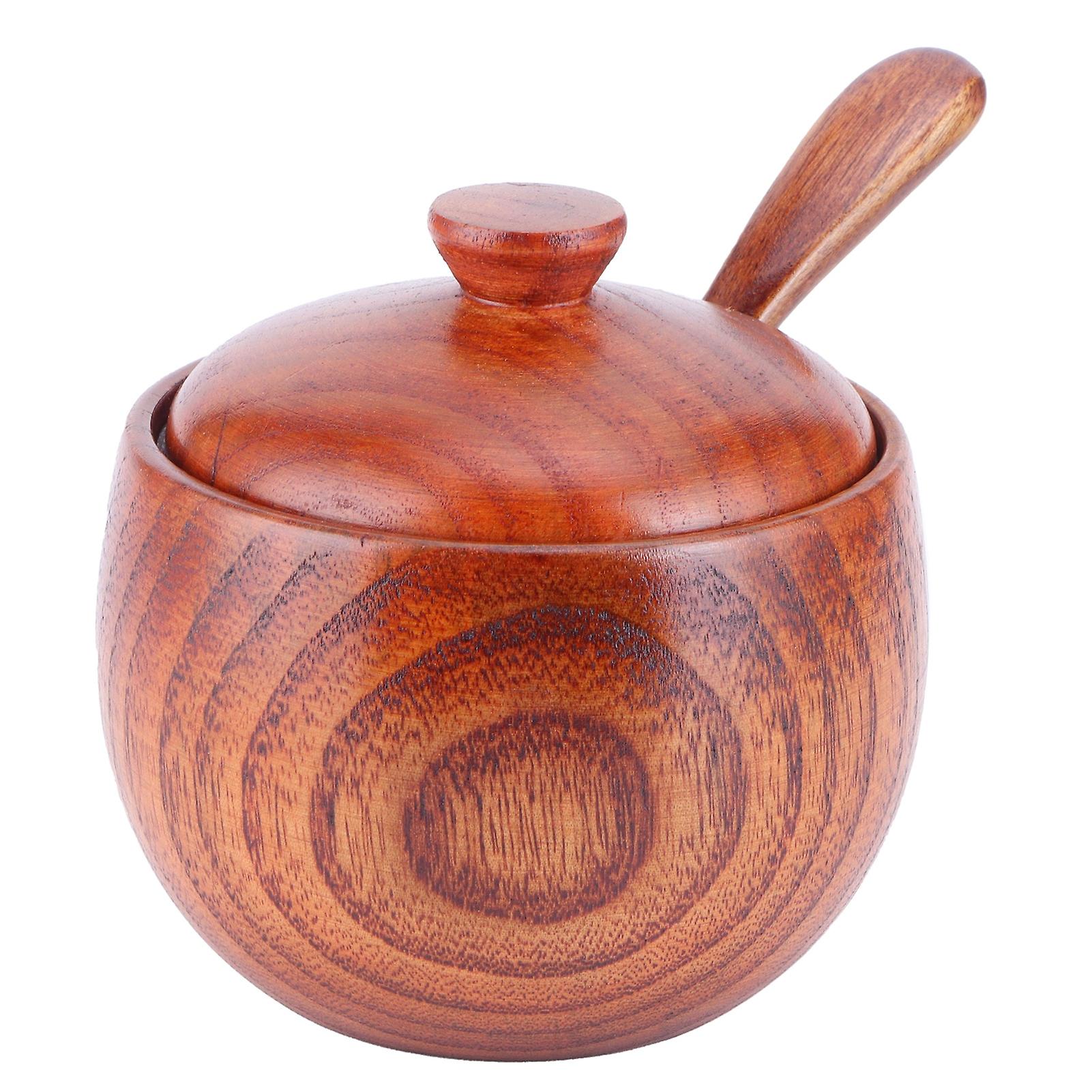 Wooden Salt Box With Lid Spoon Vintage Spice Jar Seasoning Container Cooking Utensil