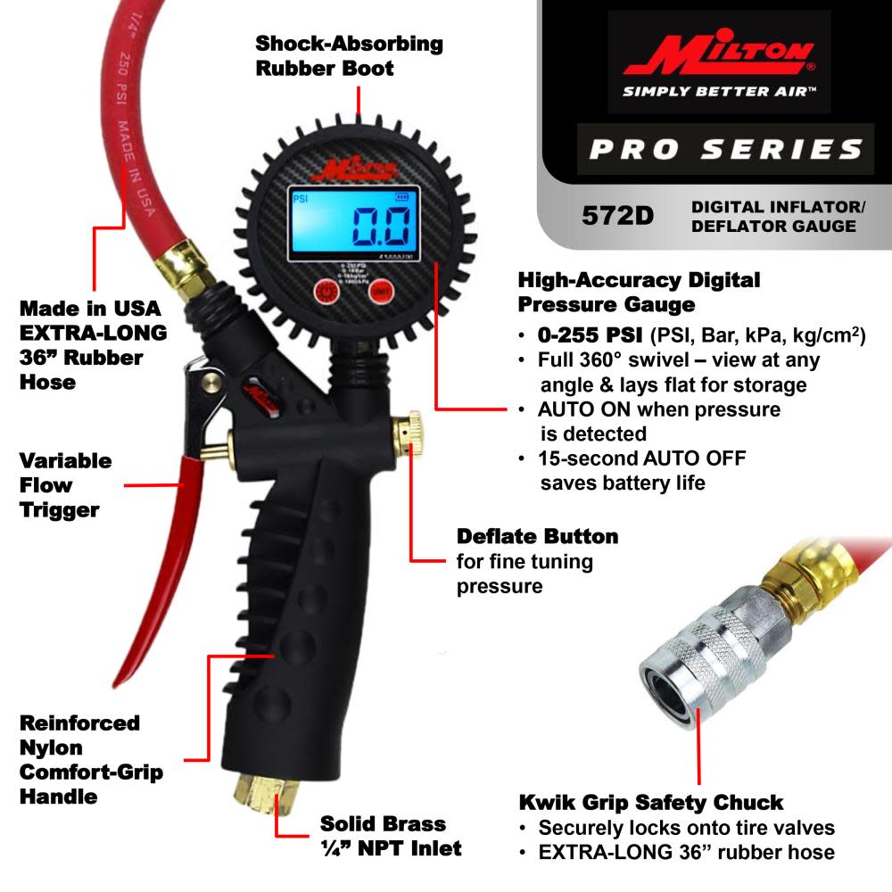 Milton® 572D Pro Digital Pistol Grip Inflator Gauge ; 36 Hose and Kwik Grip Safety Chuck ; 255 PSI ;