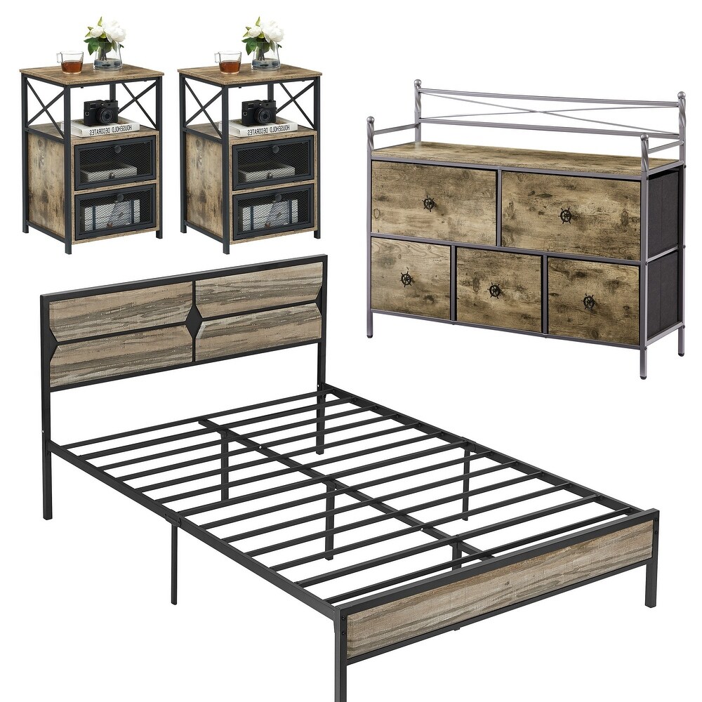 PEATUK 4 Pieces Bedroom Set with Drawer and Nightstands Set of 2  Brown/Grey Set