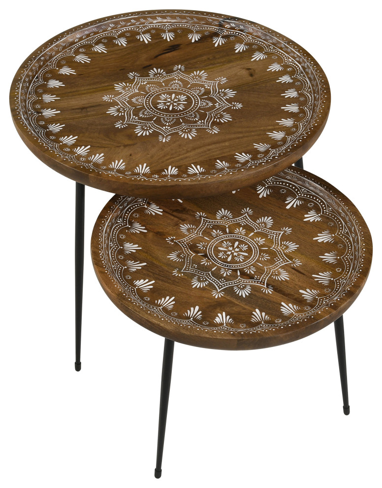 Nuala 2 piece Round Nesting Table With Tripod Tapered Legs Honey and Black   Modern   Coffee Table Sets   by Modon  Houzz