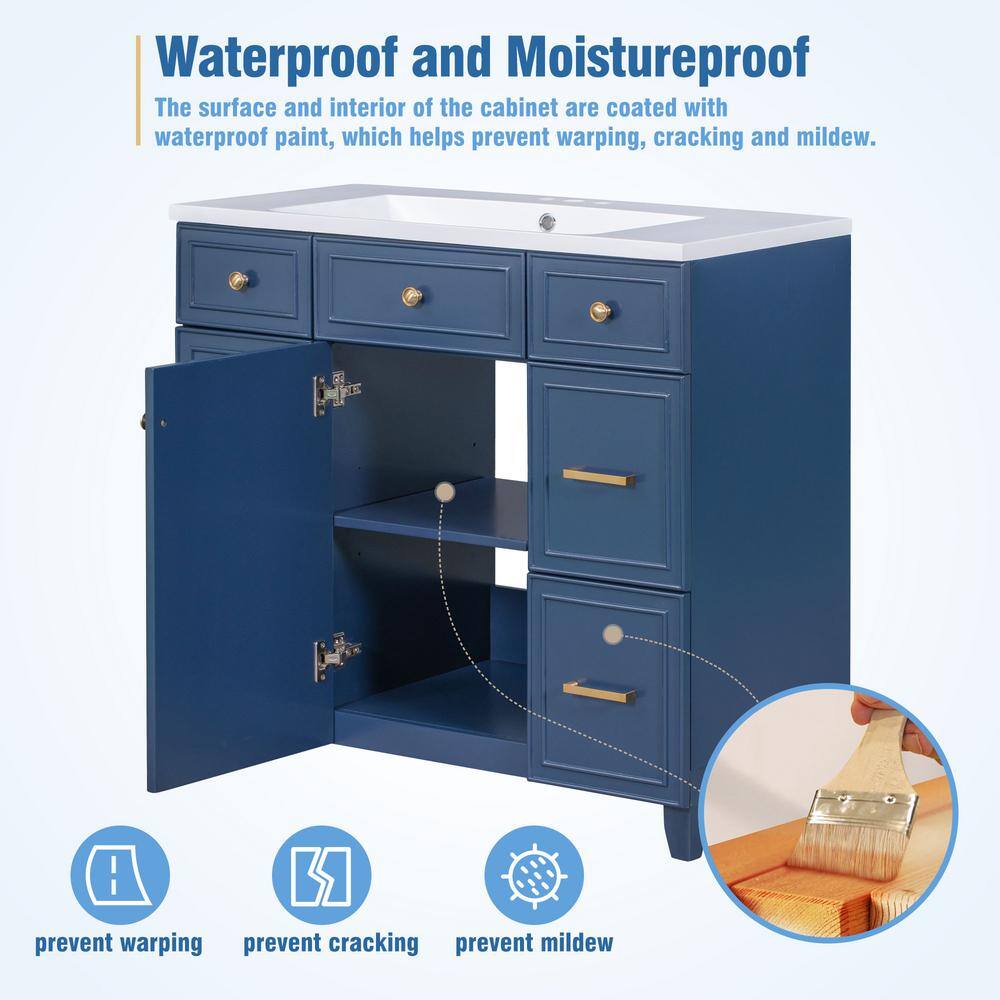 Aoibox 36 in. W x 18 in. D x 34 in. H Freestanding Bathroom Vanity Cabinet in Navy Blue with White Sink Top SNMX4439