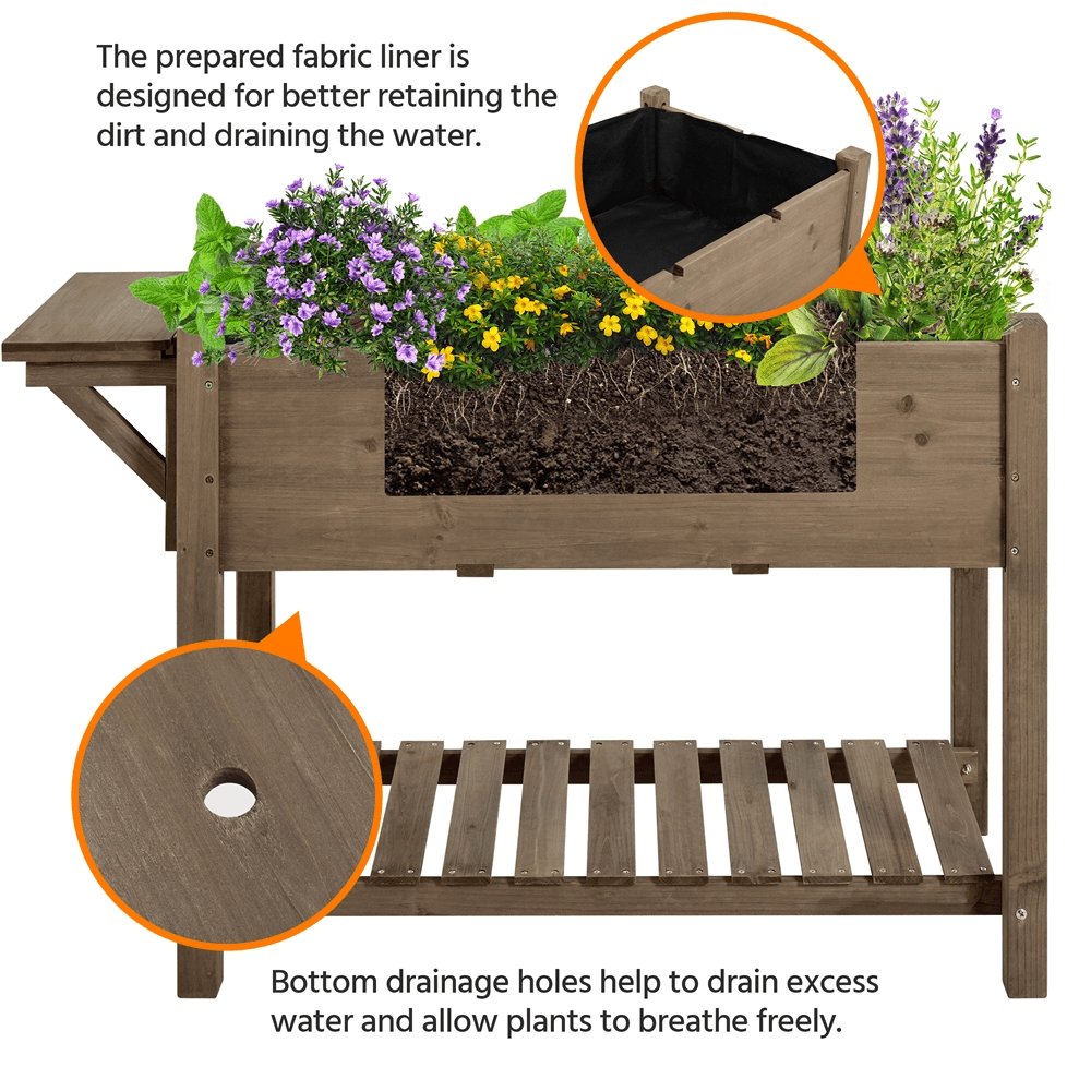 SmileMart Solid Wood Elevated Garden Bed with Fabric Inner Liner & Removable Grow Grids, Brown