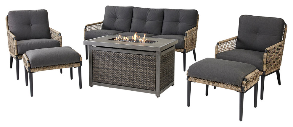 Pasadena 6 Piece Chat Set With Sofa and 30 000 BTU Gas Fire Pit Table   Tropical   Outdoor Lounge Sets   by Almo Fulfillment Services  Houzz